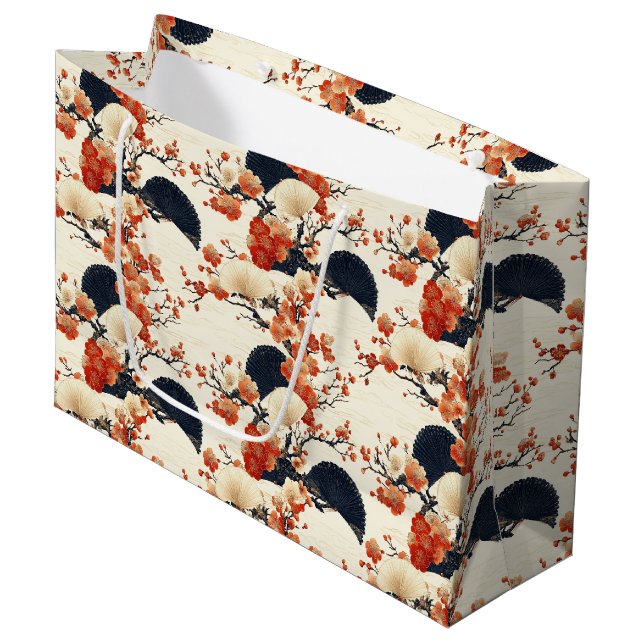 Japanese Cherry Blossom Fan Pattern (6) Large Gift Bag (Front Angled)