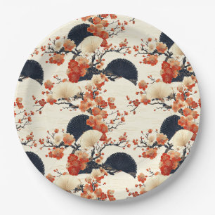 Japanese Cherry Blossom Fan Pattern (6) Paper Plate