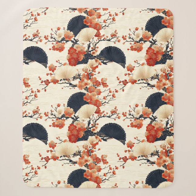 Japanese Cherry Blossom Fan Pattern (6) Sherpa Blanket (Front)