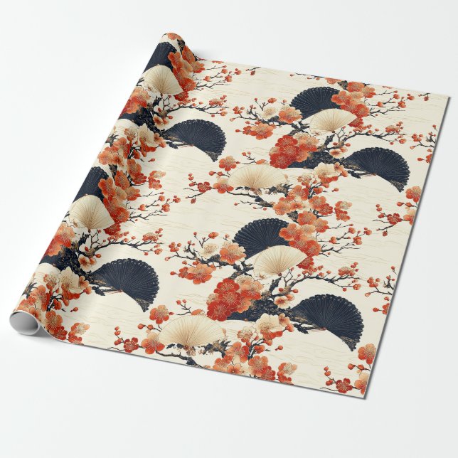 Japanese Cherry Blossom Fan Pattern (6) Wrapping Paper (Unrolled)
