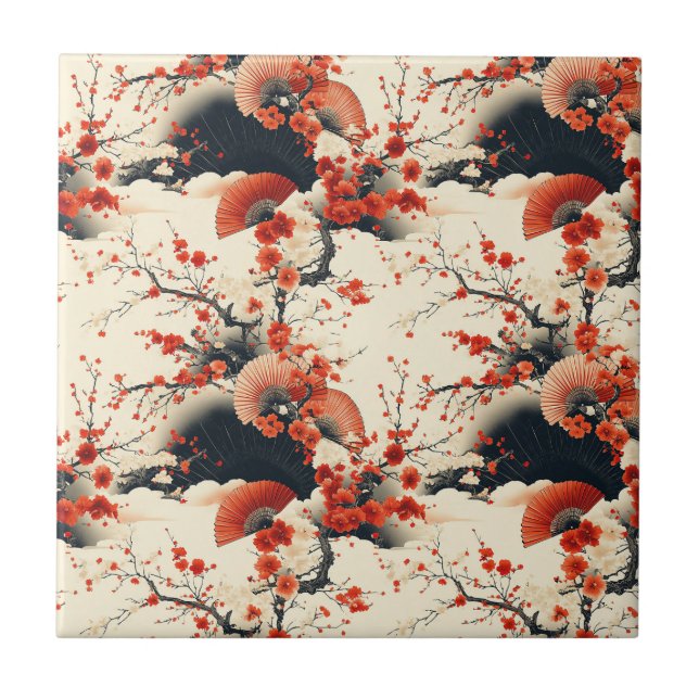 Japanese Cherry Blossom Fan Pattern (7) Tile (Front)
