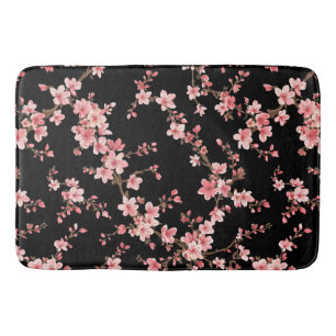 Japanese Cherry Blossom Floral Blush Pink Black Bath Mat