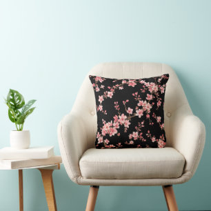 Japanese Cherry Blossom Floral Blush Pink Black Cushion