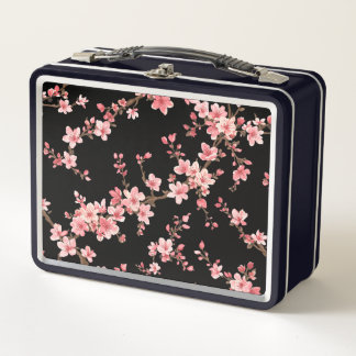 Japanese Cherry Blossom Floral Blush Pink Black Metal Lunch Box