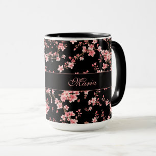 Japanese Cherry Blossom Floral Blush Pink Black Mug