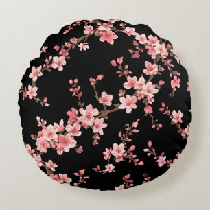 Japanese Cherry Blossom Floral Blush Pink Black Round Cushion