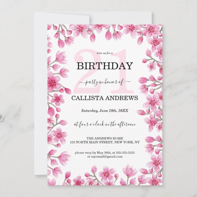 Japanese Cherry Blossom Floral Border Birthday Invitation (Front)