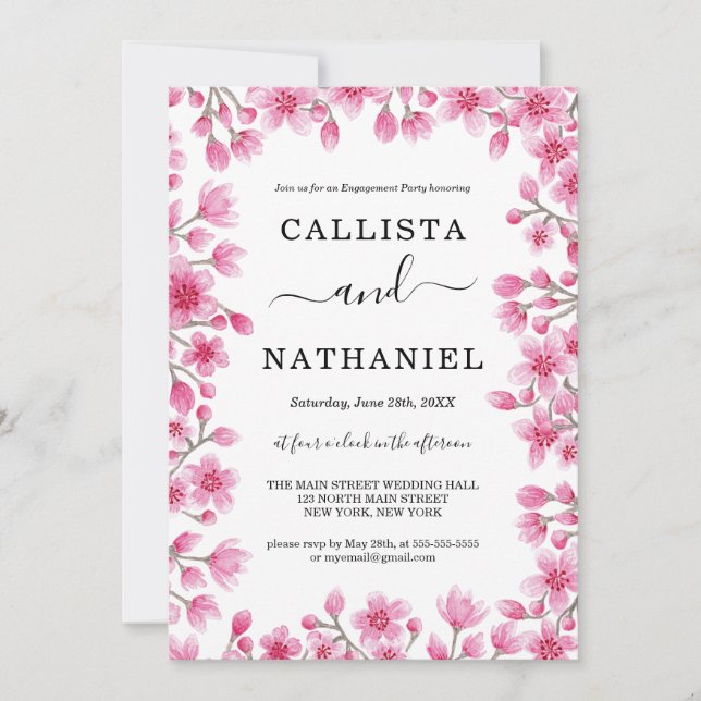 Japanese Cherry Blossom Floral Border Engagement Invitation (Front)