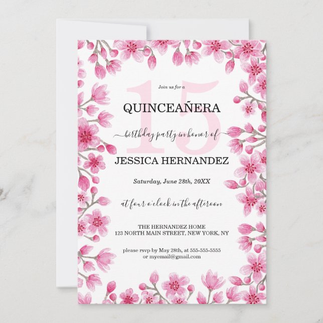 Japanese Cherry Blossom Floral Border Quinceañera Invitation (Front)