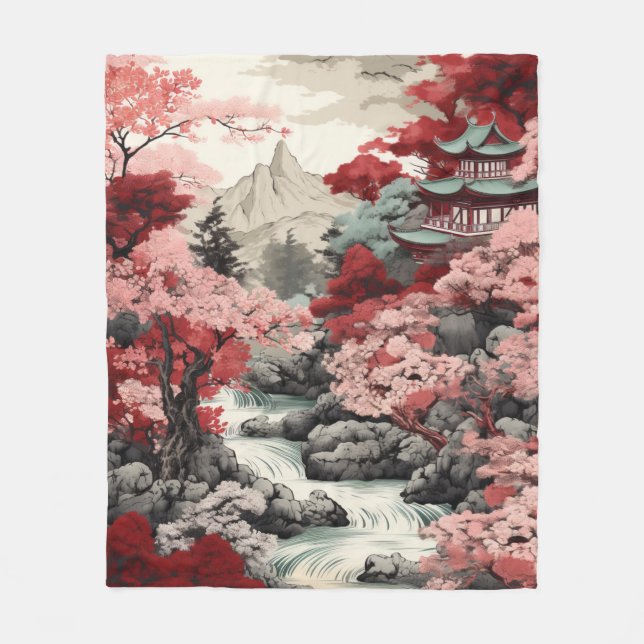 Japanese Cherry Blossom Forest Fleece Blanket (Front)