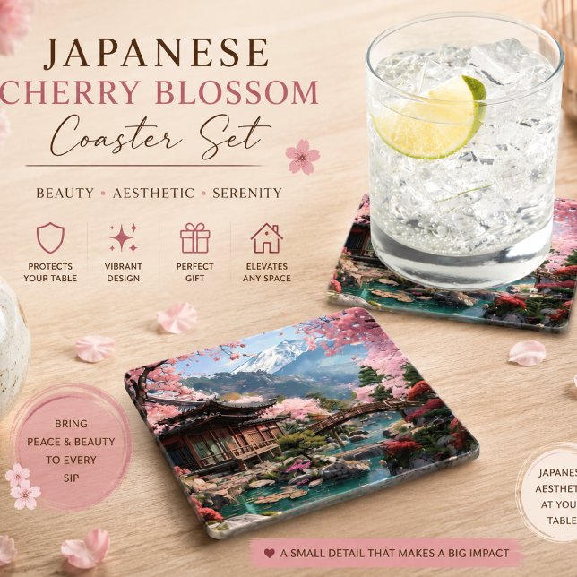 Japanese Cherry Blossom Landscape Coaster Set | El (Creator Uploaded)