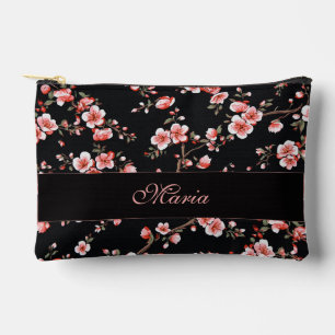 Japanese Cherry Blossom monogram Blush Pink Black Accessory Pouch
