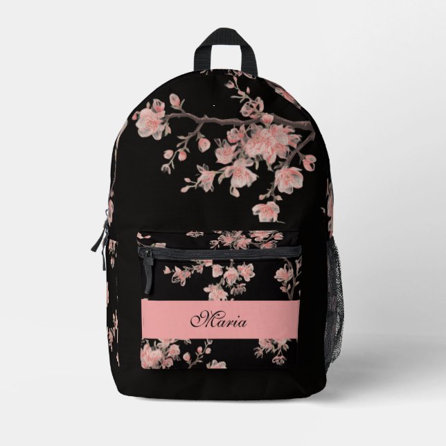 Japanese Cherry Blossom monogram Blush Pink Black Printed Backpack (Front)