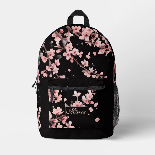 Japanese Cherry Blossom monogram Blush Pink black Printed Backpack (Front)
