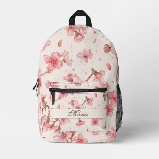 Japanese Cherry Blossom monogram Blush Pink Blue Printed Backpack (Front)