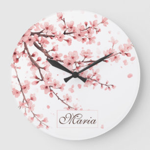 Japanese Cherry Blossom monogram Blush Pink white Large Clock