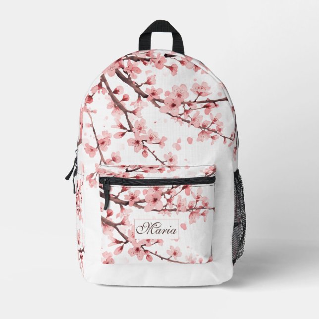 Japanese Cherry Blossom monogram Blush Pink white Printed Backpack (Front)