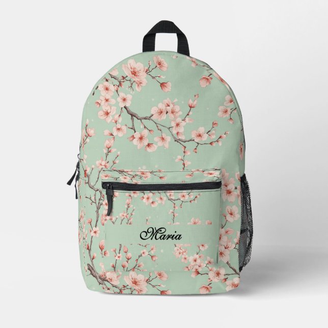 Japanese Cherry Blossom monogram sage green pink Printed Backpack (Front)