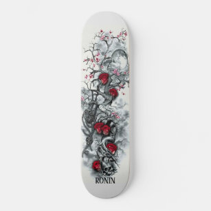Japanese Cherry Blossom Moon Rose Skull Skateboard