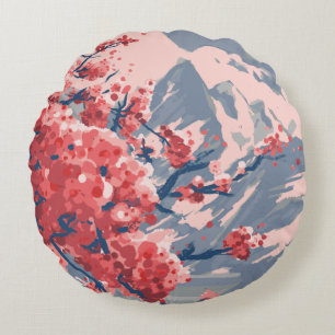 Japanese Cherry Blossom & Mountain Art Round Cushion