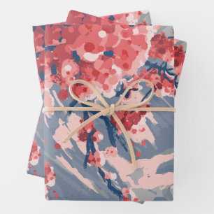 Japanese Cherry Blossom & Mountain Artwork Wrapping Paper Sheet