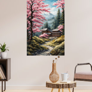 Japanese Cherry Blossom Mountain Forest Watercolor Poster
