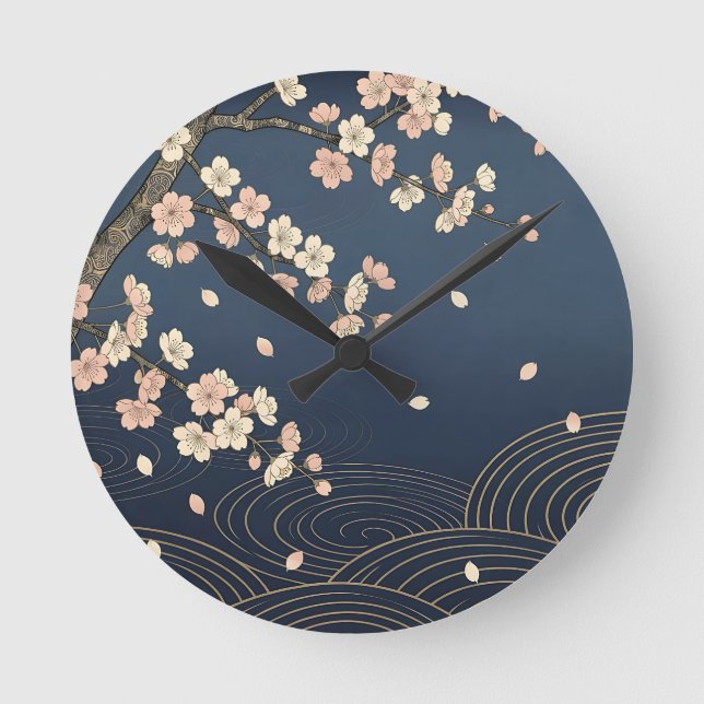 Japanese Cherry Blossom Navy Gold Wave Pattern Round Clock (Front)