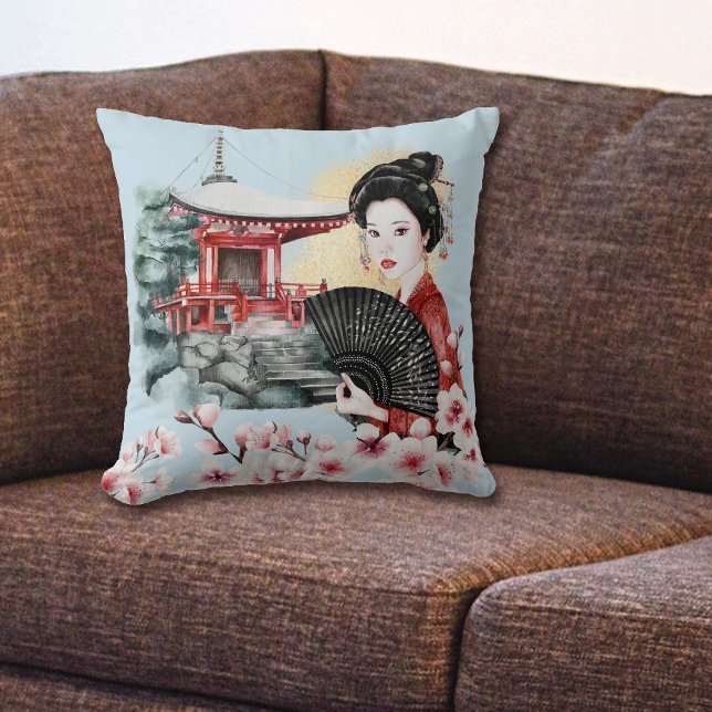 Japanese Cherry Blossom Pagoda Geisha Girl Cushion (Creator Uploaded)
