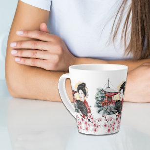 Japanese Cherry Blossom Pagoda Geisha Girl Latte Mug