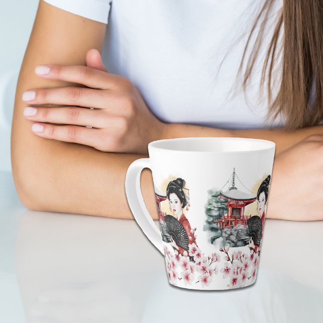 Japanese Cherry Blossom Pagoda Geisha Girl Latte Mug (Creator Uploaded)