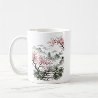 Japanese Cherry Blossom Pagoda Watercolor Coffee Mug