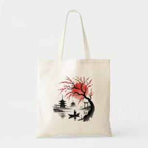 Japanese Cherry Blossom Red Sun Vintage Landscape Tote Bag