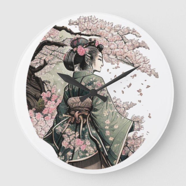 Japanese Cherry Blossom Sakura Geiko Geigi Geisha Large Clock (Front)