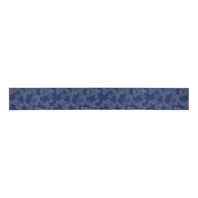 Japanese cherry blossom sakura white on blue grosgrain ribbon (Front)