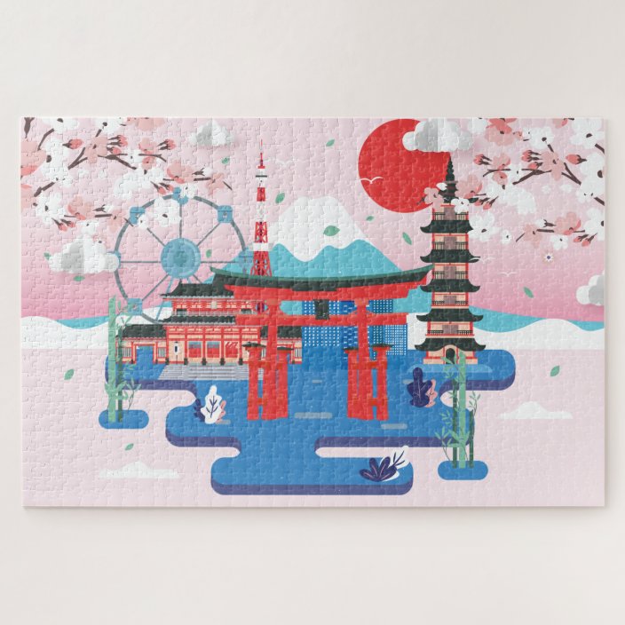 Japanese Cherry Blossom Scene Jigsaw Puzzle | Zazzle.co.uk