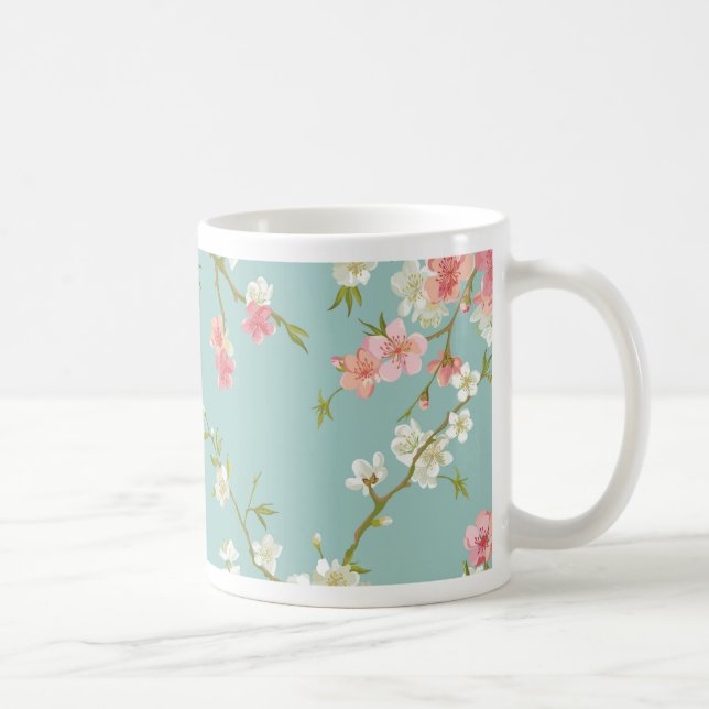 Japanese,cherry blossom,teal,white,pink,floral,fun coffee mug (Right)