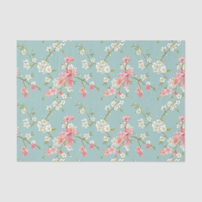 Japanese,cherry blossom,teal,white,pink,floral,fun tissue paper (Front)