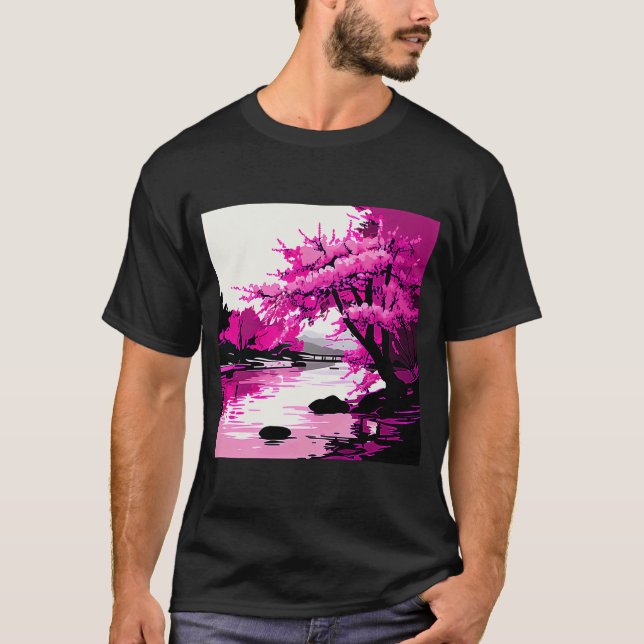 Japanese Cherry Blossom vibrant pink on the water T-Shirt (Front)