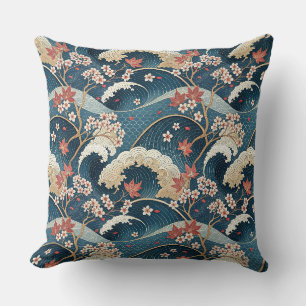 Japanese Cherry Blossom & Waves Floral Pattern Art Cushion