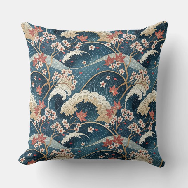 Japanese Cherry Blossom & Waves Floral Pattern Art Cushion (Front)