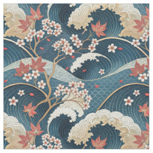 Japanese Cherry Blossom & Waves Floral Pattern Art Fabric