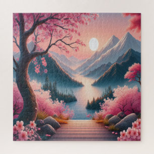 Japanese Cherry Blossoms Mountain Forest Landscape Jigsaw Puzzle