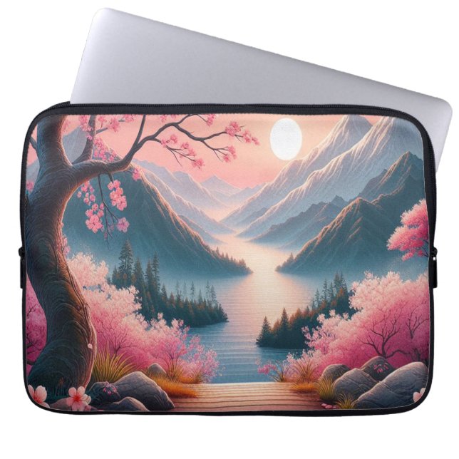Japanese Cherry Blossoms Mountain Forest Landscape Laptop Sleeve (Front)
