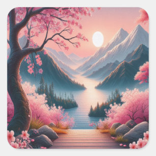 Japanese Cherry Blossoms Mountain Forest Landscape Square Sticker