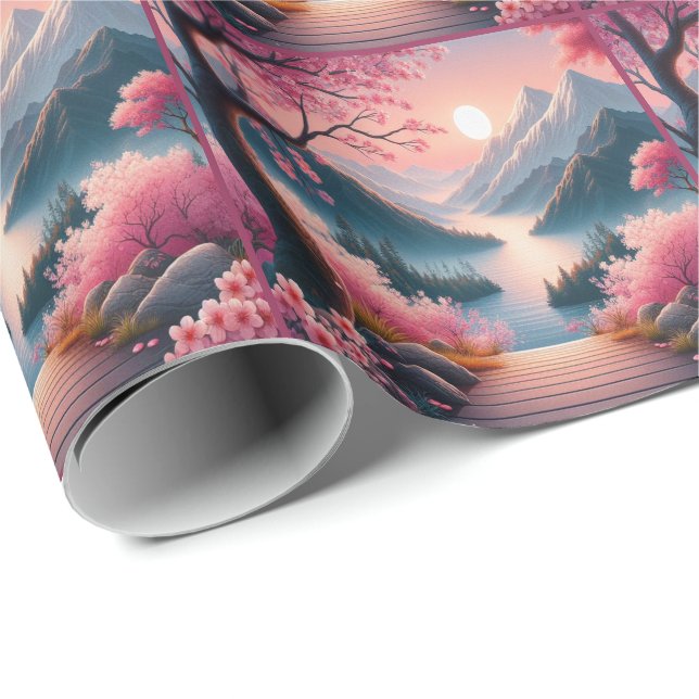 Japanese Cherry Blossoms Mountain Forest Landscape Wrapping Paper (Roll Corner)