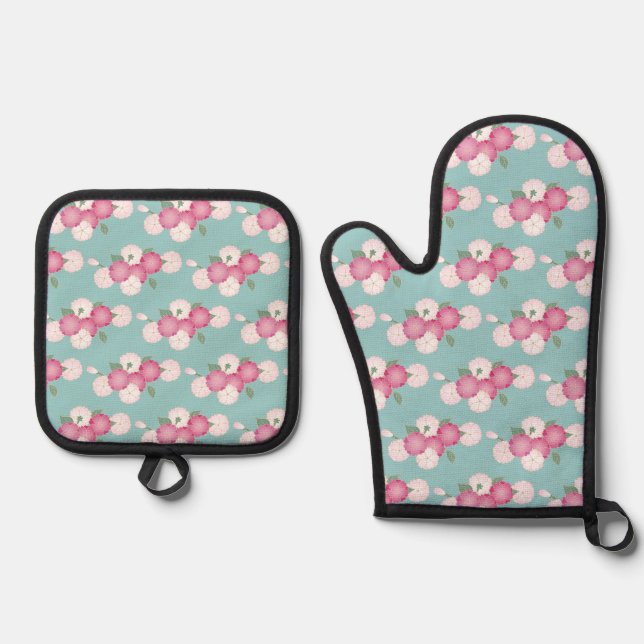 Japanese Cherry Blossoms Oven Mitt & Pot Holder Set (Front)