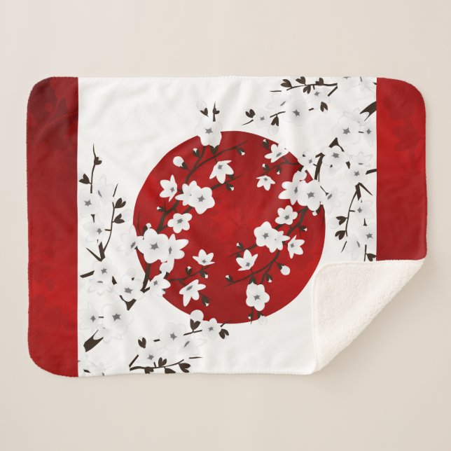 Japanese Cherry Blossoms Red Black White Sherpa Blanket (Front (Horizontal))