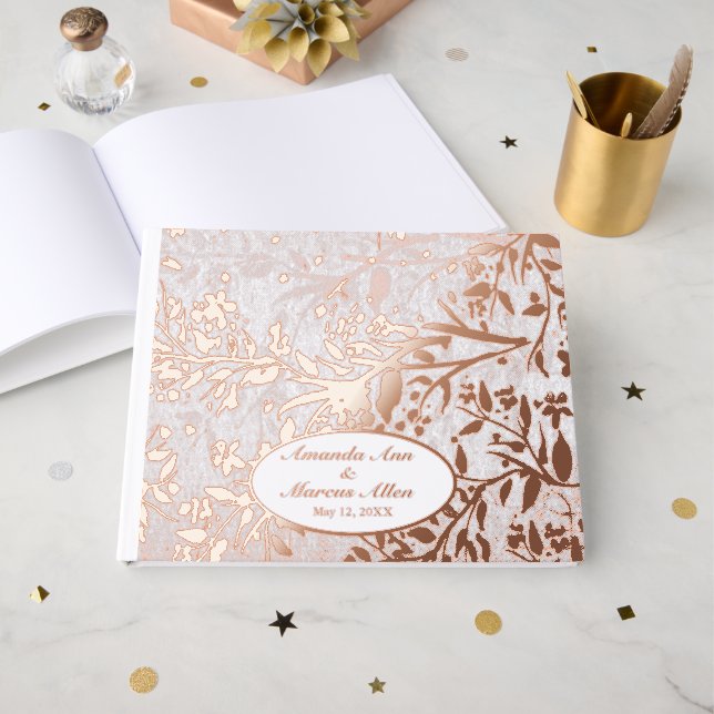 Japanese Cherry Blossoms Rose Gold Foil Wedding Guest Book (Front Open)