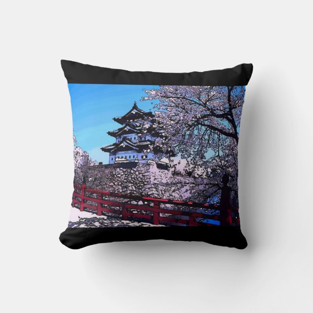 Japanese Cherry Blossoms Watercolor Throw Pillow (Front)