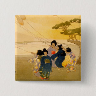 Japanese Children Flying Kites - Bertha Lum - 1913 15 Cm Square Badge